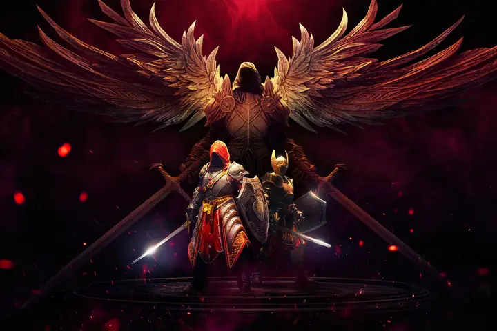A Nephilim transformed, vast burning wings spread behind them.
