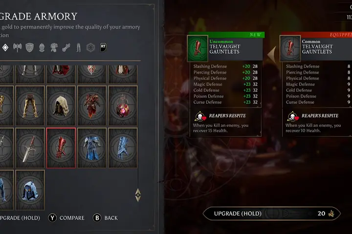 The Upgrade Armory screen, a grid of armour pieces beside their stat comparison.