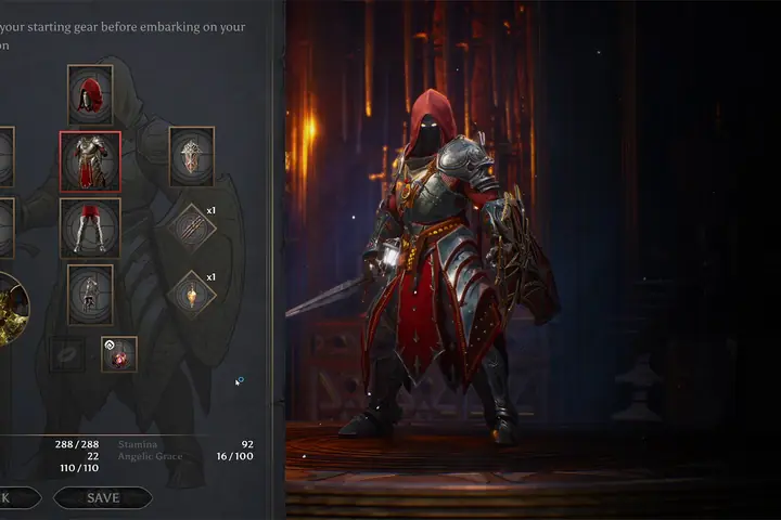 An equipment choice screen with a Nephilim previewing a loadout.