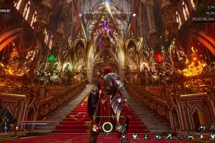 A Nephilim fighting in a vast cathedral, health and effect meters along the edge of the screen.