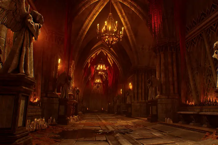 The candlelit interior of a great gothic cathedral.