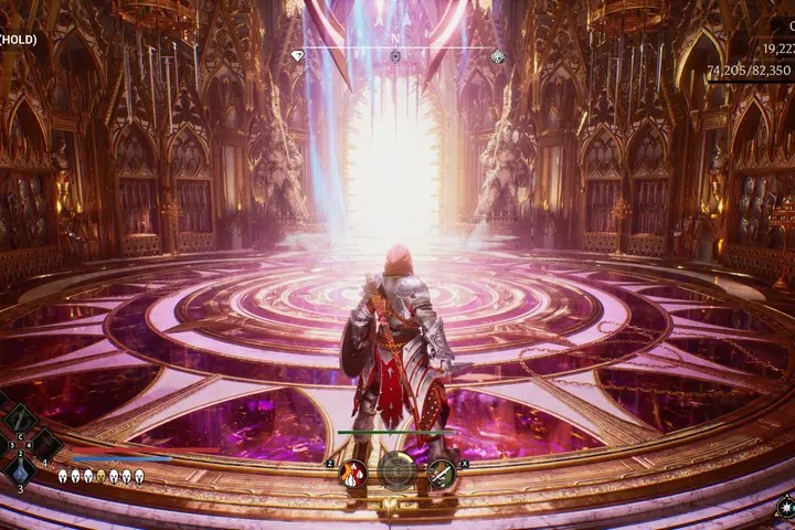 A Nephilim standing on a glowing circular platform of runes, light rising around them.