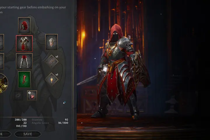 A gear selection screen beside a Nephilim holding a drawn sword.