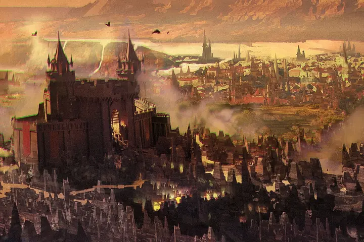The fallen city of Gildenarch seen from above, a fortress in the foreground and spires receding into smoke.