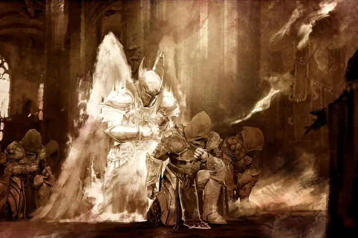 An armoured Nephilim standing among kneeling knights in a hall of banners.