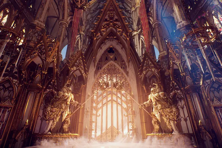 The vaulted interior of Sanctus Clypeus, gilded statues flanking a great window.