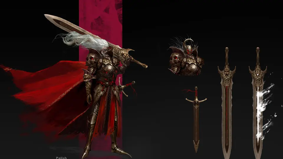 An armoured Nephilim beside a row of swords and helmets on a dark ground.
