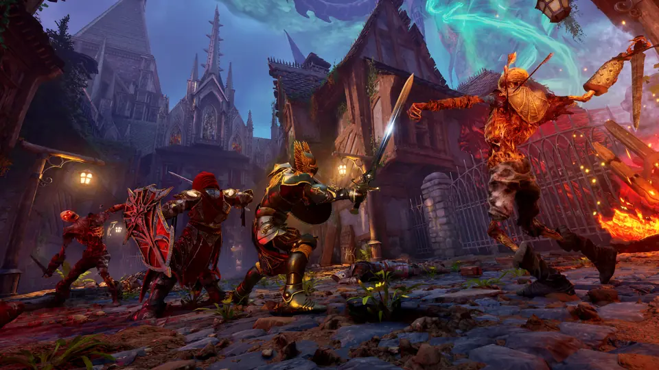 A Nephilim fighting several burning enemies in a ruined hall.