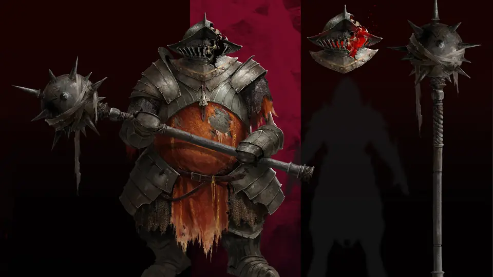 An armoured undead brute with a spiked mace, shown as a character render beside its silhouette.