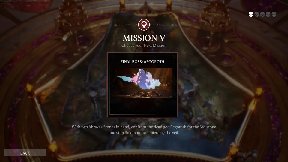 A mission select screen showing Mission V and a final boss encounter.