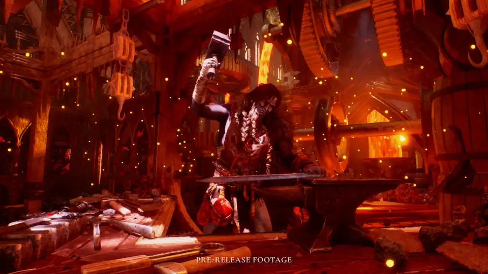 A blacksmith working at a forge in a red-lit vaulted room.