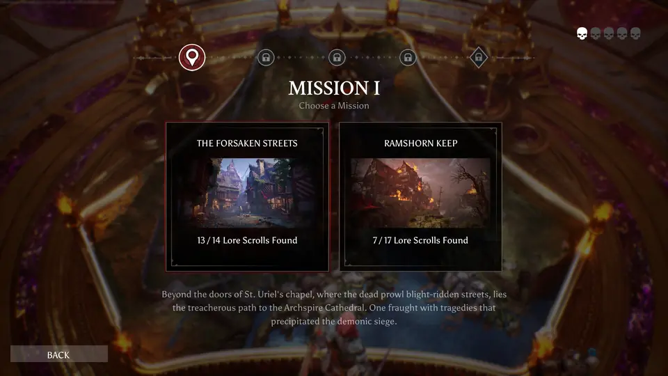 A mission select screen showing Mission I and two districts to choose between.
